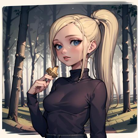 ((masterpiece, best quality)),(complex lighting),solo,1girl,upper body,  courtney babcock, blue eyes, lipstick ,ponytail, blonde hair, black turtleneck, jeans,   <lora:CourtneyBabcock2-0606:0.6>, forest,