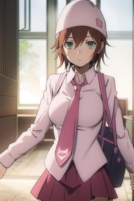 mikaharima, <lora:mika harima s1-lora-nochekaiser:1>,
mika harima, short hair, brown hair, (green eyes:1.3),
BREAK skirt, shirt, hat, beanie, school uniform, pleated skirt, necktie, white shirt, collared shirt, long sleeves, red skirt, pink necktie,
BREAK indoors, classroom,
BREAK looking at viewer, (cowboy shot:1.5),
BREAK <lyco:GoodHands-beta2:1>, (masterpiece:1.2), best quality, high resolution, unity 8k wallpaper, (illustration:0.8), (beautiful detailed eyes:1.6), extremely detailed face, perfect lighting, extremely detailed CG, (perfect hands, perfect anatomy),