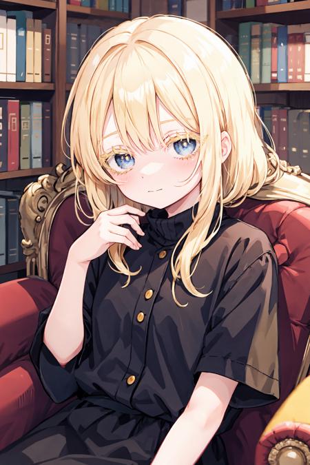 1girl, blonde hair, (colored eyelashes, yellow eyelashes:1.2), sleepy, faint smile, (smile:0.8), closed mouth, head down, sitting on armchair, looking at viewer, hand on own knee, book on knee,  blue eyes, 
indoor, bookshelf, 
 <lora:colored_eyelashes000:1>,  