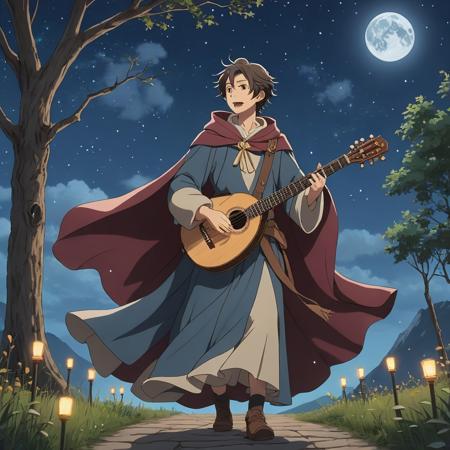 cinematic shot, At a moonlit crossroads in a mystical realm, a bard with a lute and a cloak of stars serenades wandering spirits. The melodies weave tales of love and loss, and the spirits dance in a mesmerizing display., (anime niji illustration :1.3)