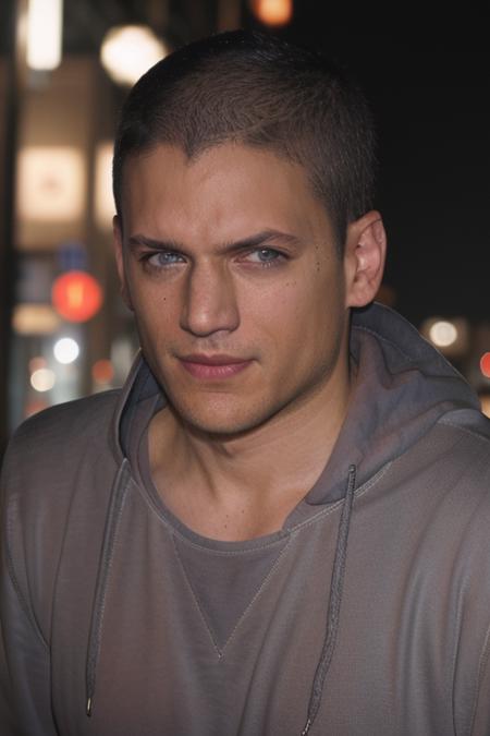 portrait, w3nm1l, handsome man, facial focus, looking at viewer, piercing eyes, handsome face, downtown at night, in a gray sweatshirt, sweating, amateur, candid