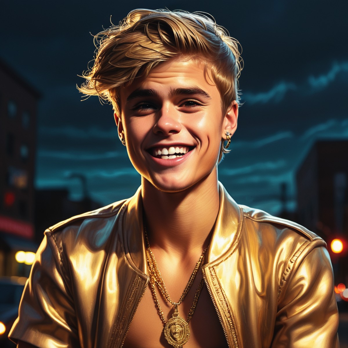 [ (designed by Donato Giancola:1.3) : (Dan Mumford:1.3) :3], epic masterwork gilded drawing of a (Justin Bieber:1.1) , he ...
