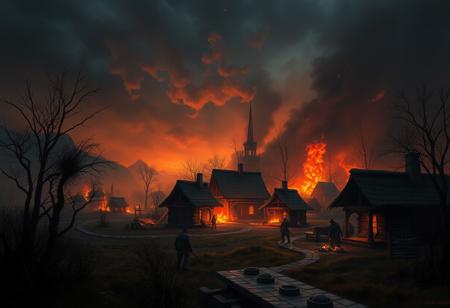 a dark fantasy burning village afer being attacked at night  <lora:More_interesting_backgrounds:1> ibg, (((masterpiece))) (((ultimate quality))) sharp focus, high texture resolution, hyperrealistic, photo realistic, 32k, HDR, vivid colors, stunning compostion, soft lighting