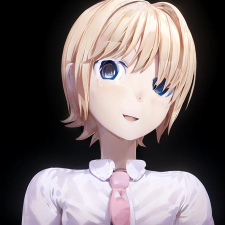 realistic photo of a SenpaiCA2021, solo, looking at viewer, smile, short hair, blue eyes, blonde hair, simple background, shirt,  white shirt, upper body, necktie, collared shirt, orange hair, portrait, pink necktie, open mouth