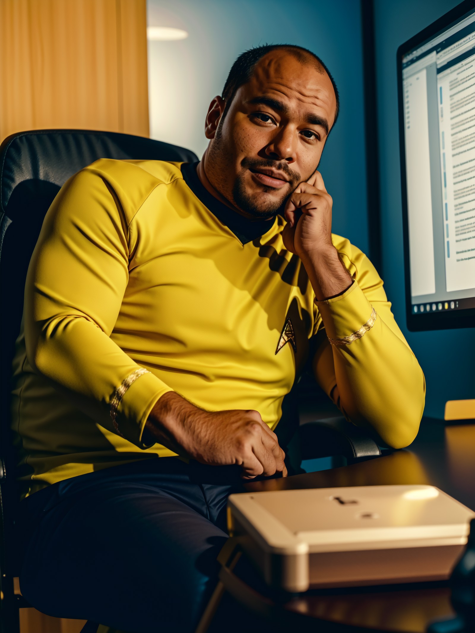 a man in a yellow startrektos  sitting in a chair in front of a computer,enterprise bridge,RAW Photo, 8k uhd, dslr, soft l...