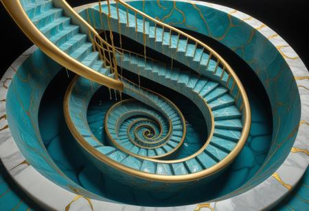 a liquid marble depiction of Relativity by MC Escher,with golden dripping stairwells juxtaposed with liquid marble turquoise ladders in a world that feels upside-down and right-side up. golden liquid marble brilliance that swirls in the air, creating a magnificent aura
