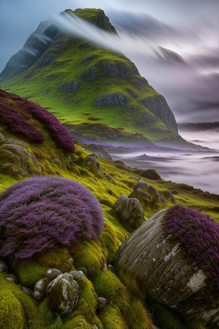 highland scotland landscape background, heather, moss, rocks, crags, clouds and fog