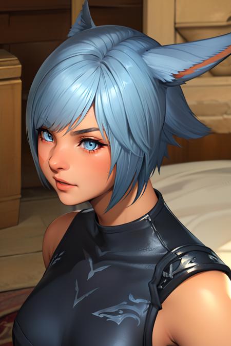 (masutepiece:1.2, Best Quality, Photo Real Stick), 1girl, radhy_shamar \(ffxiv\), (Cool Beauty), pixie cut, Blue hair, cat ears, cat tail:1.2, ((no-human ears:1.2, no-pinted ears:1.2)), light-cyan eyes, middlebreasts, ((crimson tattoo on upper back)), ((clothed armor:1.2, ffxiv knight armor:1.4)), ((Face Close-up:1.2, Face Focus:1.2, Looking at Viewer, Upper body)), Smile lightly without opening your mouth, fantasy background,
