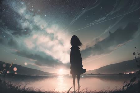 1girl,silhouette,ocean , night, scenery, outdoors, solo, horizon, ,, star (sky), grass, night sky, starry sky, standing, dark, water,  <lora:JW_v2-000006:1>