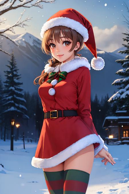 (masterpiece, best quality:1.2), snowing, outdoors, solo, 1girl, smile, looking at viewer, arms behind back, santa hat, fur-trimmed dress, striped thighhighs <lora:attire_stripedthighhighs_gr:1>