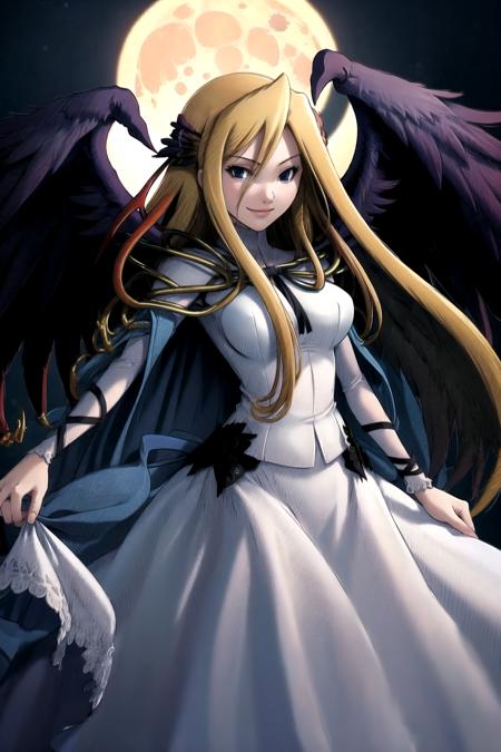 1girl, smile, angel_wings, black_hair,  <lora:KnightsInTheNightmare-18:0.75> kitn, <lora:RtPL-MaliceV1:0.8> malice_(riviera), black_wings, blonde_hair, long_hair, blue_cape, white_dress, night, moon, beautiful, (masterpiece:1.2), (best quality:1.2), perfect eyes, perfect face,<lora:perfectfingers:1.0>