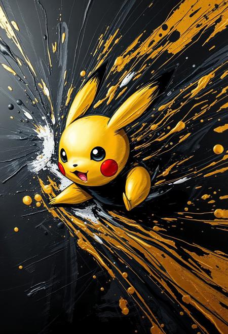 A hyper-stylistic, extremely detailed image depicts a breathtaking painting, crafted from a combination of smeared black and gold metallic paint. A Pikachu is captured in a streaked motion, as if it is moving rapidly in one direction. The black paint is applied in bold, dynamic strokes, creating a sense of energy and movement that is contrasted beautifully by the golden accents. The gold paint is used to highlight the Pikachu's features, adding a sense of depth and dimensionality to the image. The overall effect is one of breathtaking, surreal dynamism, as if the viewer has captured a fleeting moment in time. Every detail of the image is meticulously crafted, from the delicate, swirling patterns of the gold paint to the intricate, textured patterns of the black paint. The contrasts between light and dark, color and texture, create a sense of tension and energy that draws the viewer in, inviting them to explore the kinetic world of the painting. highest-Quality, intricate details, visually stunning, Masterpiece