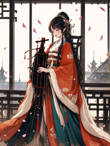 <lora:guochaorenwuV1.0:0.8>,guchen,1girl,braided ponytail,bangs,brown hair,butterfly,chinese clothes,falling petals,standing,sash,chair,building,instrument,tassel,hanfu,plant,