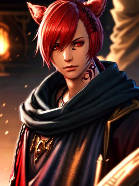 <lora:Copy of last:.6>, (masterpiece), Graha,1boy, male focus, solo, animal ears, red eyes, red hair, miqo'te, tattoo, neck tattoo, cat ears, looking at viewer, hair between eyes, facial mark, x hair ornament, hair ornament, holding, bangs, slit pupils, braid, glowing, short hair, portrait, jewelry, short ponytail, guweiz wlop, rim lighting, extremely detailed