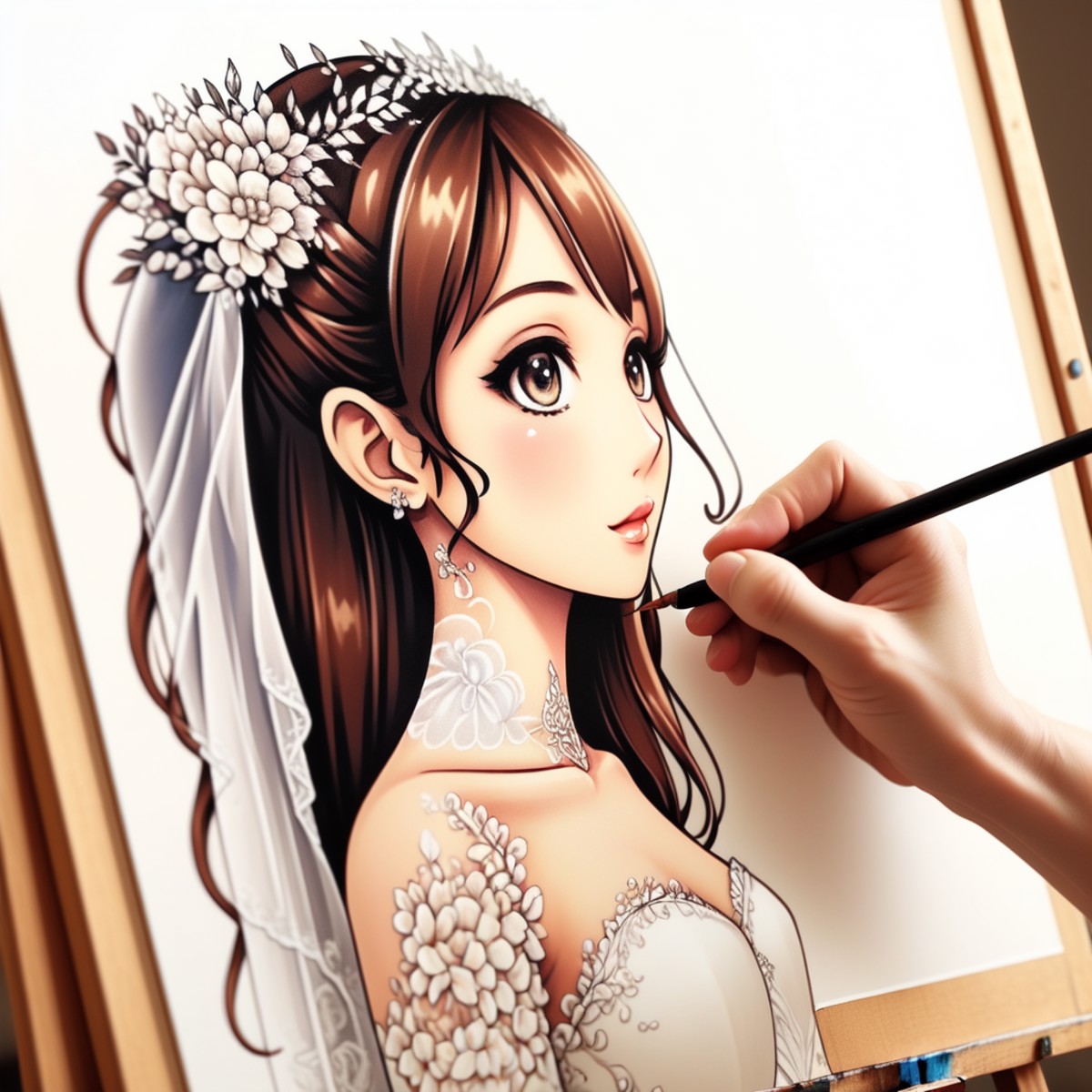 <lora:artist_hands_v2:0.7>, detailed wedding shaped illustration, holding paintbrush, painting (action), art brush,  face ...
