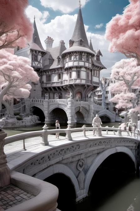 <lora:Infrared Photos:1>Infrared Photos, a grand capital city nestled in the heart of a magical realm inspired by Dungeons and Dragons. The city stands as a testament to both architectural splendor and mystical enchantments. The streets are bustling with life, filled with a diverse array of creatures, both human and fantastical, going about their daily routines. The buildings showcase a harmonious blend of traditional medieval design and whimsical magical enhancements. Ornate bridges span over flowing rivers and canals, connecting various districts of the city. Gardens and parks are interspersed throughout, teeming with vibrant, otherworldly flora and fauna. In the central square, a magnificent fountain serves as a gathering place, its waters sparkling with magical energies.