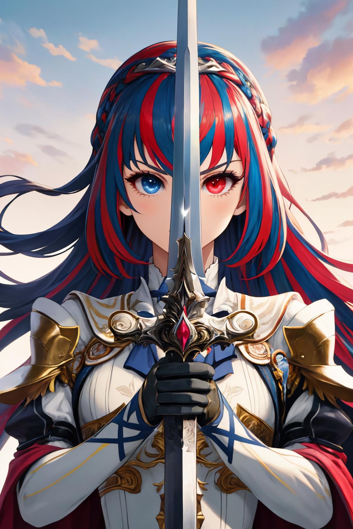 Anime character with blue eyes and red hair holding a sword.