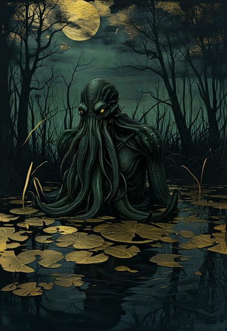 Cthulhu in a swamp, eerie moonlight, fireflies, illustration with gold foil, novuschroma27 style
