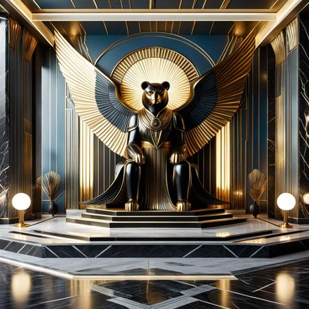 RetroBG, A monumental Art Deco interior art mural wall, depicting a gilded bas-relief of a winged teddybear (Valkyrie), sleek 1930s streamlined locomotive, The background is cool-toned blue-gray marble, with radiant sunburst lines behind the figure. Every surface shimmers with polished metal and black stone, exuding futuristic optimism as envisioned in the opulent age of the Roaring 20s. The darkest blacks contrast with the most brilliant gold, surrounded by geometric architecture, mechanical motifs, and heroic grandeur. Elegant lighting enhances the drama. Inspired by heroic propaganda murals and luxurious train stations.