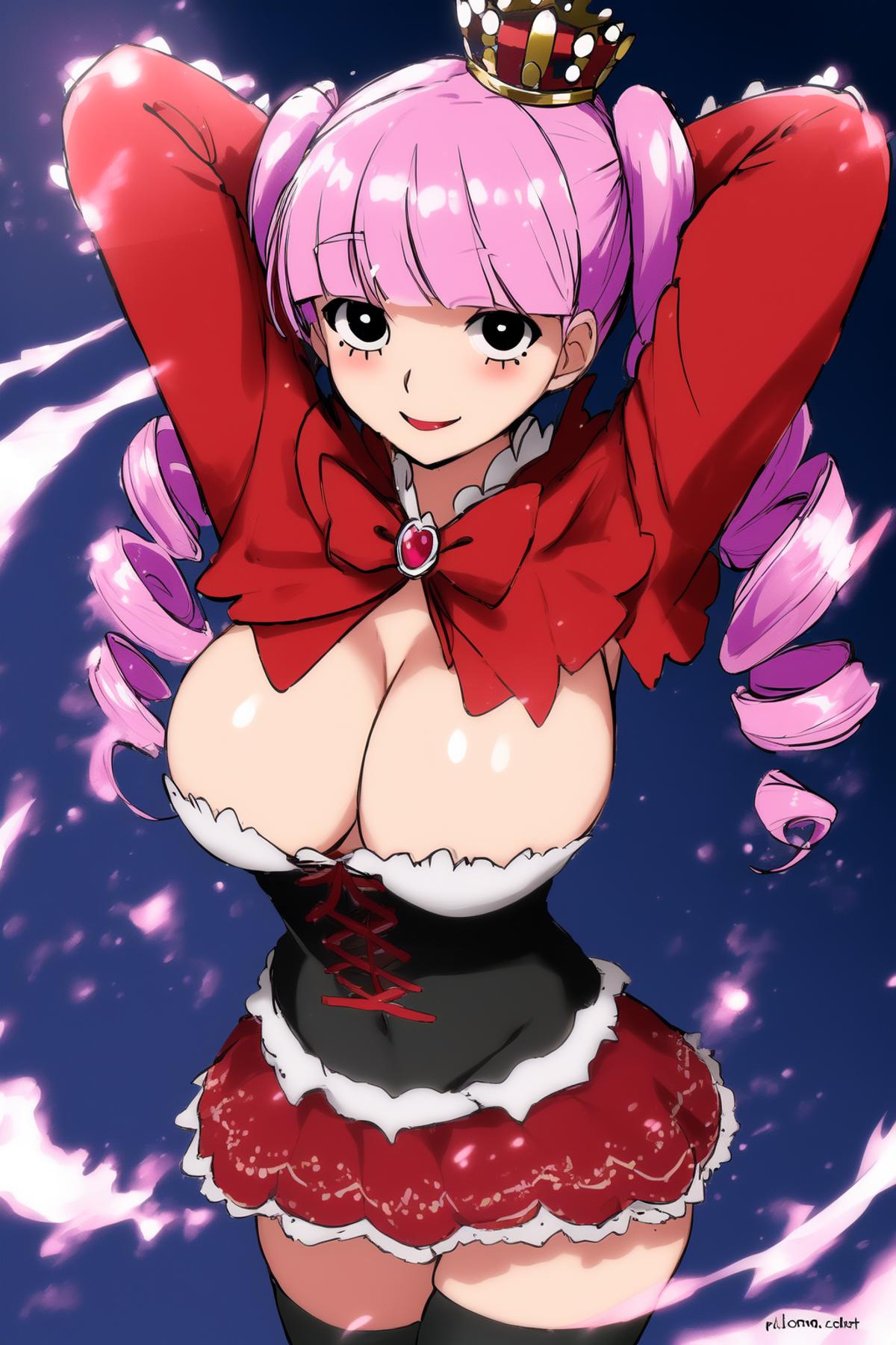 <lora:perona_v1:1.1>, cheems_perona_v3, smile, ghost, twin drills, red capelet, striped thighhighs, cleavage, large breast...
