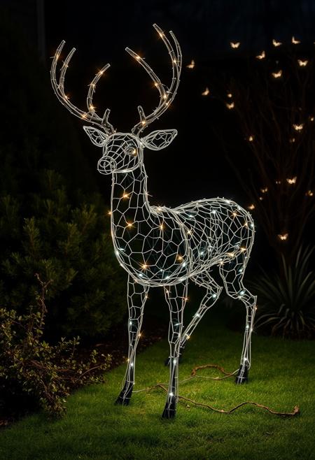 night time backyard garden, a sculpture of a deer made entirely out of hex chicken wire and christmas lights, some bushes and pale moths in the background