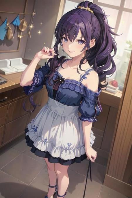 NSFW, soft light, amafuyu, 1girl, solo, Mafuyu asahina, long hair, looking at viewer, smile, hair ornament, hair between eyes, purple eyes, collarbone, ponytail, purple hair, wavy hair, high ponytail, hair scrunchie, angry, <lora:AsahinaMafuyu-10:0.7>,
BREAK breasts, Dress, blue dress, dress with starry details, starry dress, star details, high heels,
BREAK room, bed, standing
BREAK (masterpiece1.5), best quality, high resolution, unity 8k wallpaper, (illustration1.0), (beautiful detailed eyes1.5), extremely detailed face, perfect lighting, extremely detailed CG, datailed hair, extremely detailed hair, official art, (perfect hands, perfect anatomy), (1girl, solo1.5), beautiful, (masterpiece:2), (best quality:1.4)