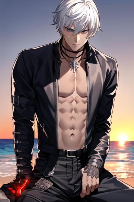 kdash, 1boy, solo, necklace, black leather jacket, leather pants, masterpiece, sitting. sunset, (in a beach,  sea:1.2), raw photo, highres, sharp picture, cinematic lighting, white hair, red glove, intricate details, handsome man , detailed eyes<lora:GoodHands-beta2:1>  <lora:KDashKOF-000004:1>