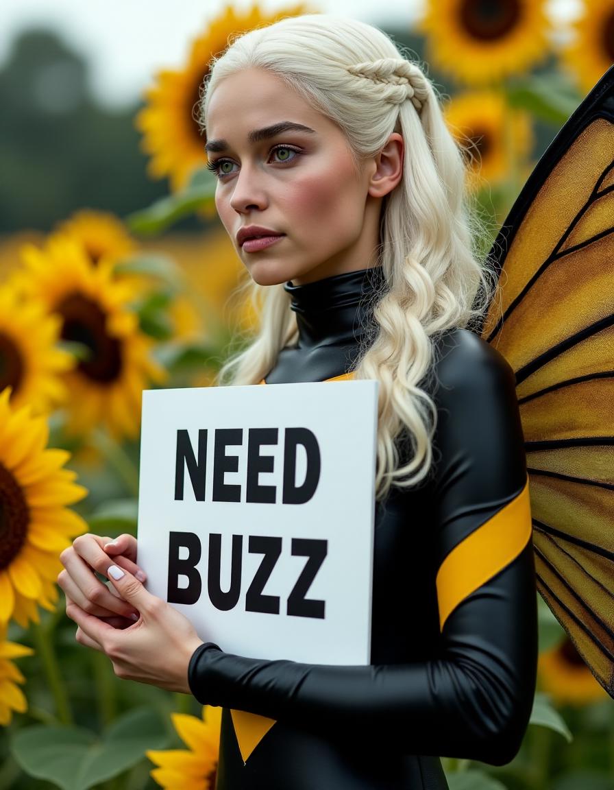 <lora:GOTemiliaClarkeQuiron_FLUX:1.7> GOTemiliaclarkeQuiron, a woman with white hair, Emilia clarke as Daenerys targaryen in hbo's 'game of thrones',   a person holding a white card with words "NEED BUZZ", wearing black and yellow stripped lycra catsuit, sunflowers in the background, detailed background, insect wings, intricate details