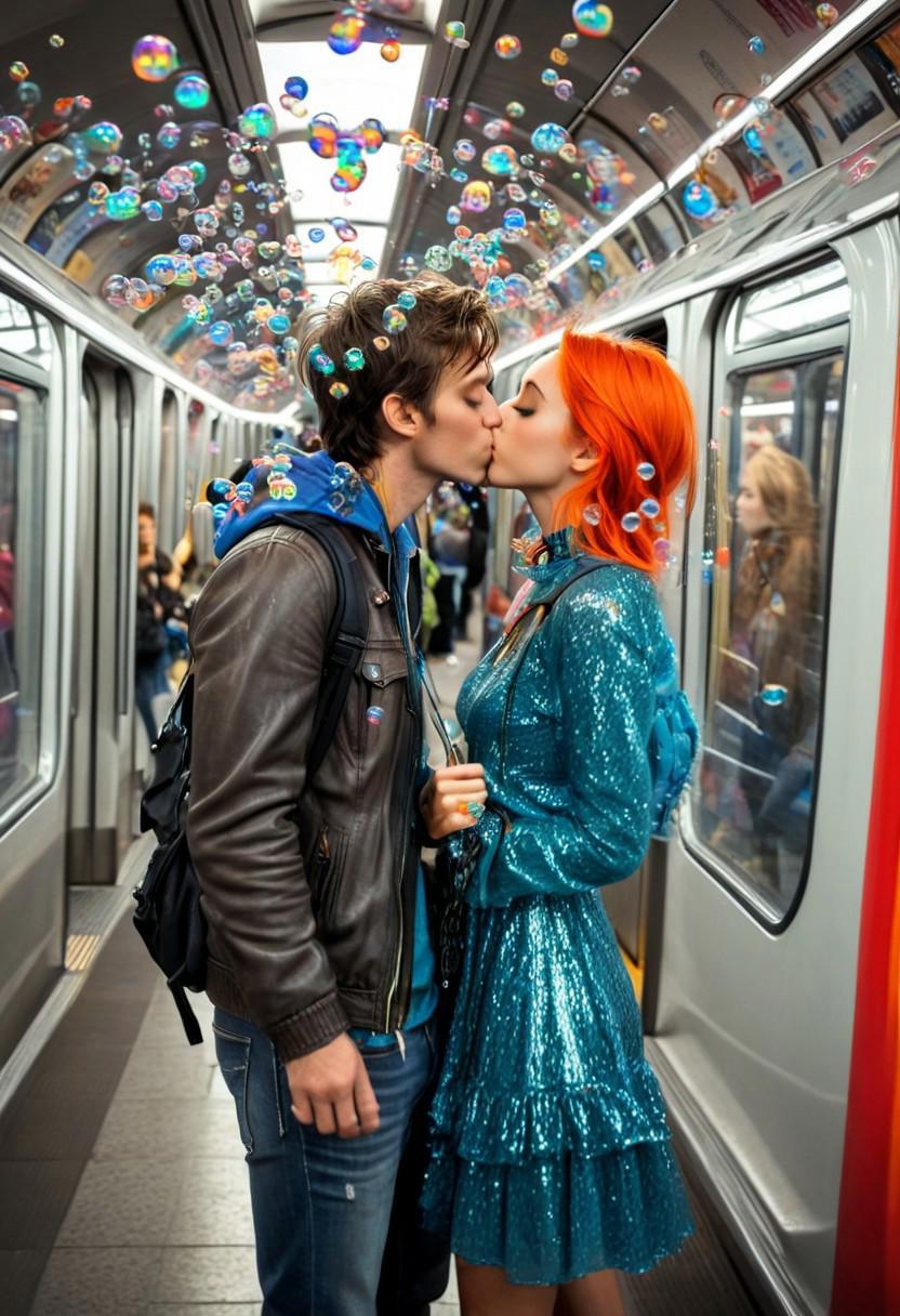 in a metro,People wearing colorful clothes,a pair of couples are kissing, a young girls is watching them kiss. there is a colorful bubble on each passenger., happy, 3D, V-ray.