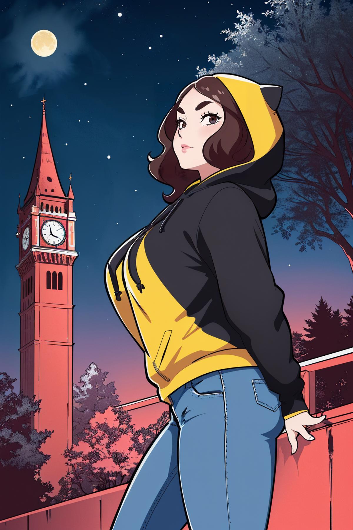 A cartoon image of a woman wearing a black and yellow hoodie in front of a clock tower at night.