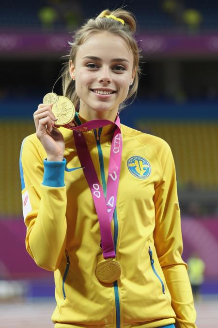 YuliyaLevchenko, (masterpiece, best quality, extremely detailed, perfect body, perfect face:1.2), wearing gold medal around neck, ((holding gold medal)), Olympics, pose, modelshoot, ((waving to crowd)), laughing:1.4, standing, track and field uniform, track jacket, stadium, (closeup on upper body), ((Ukraine))