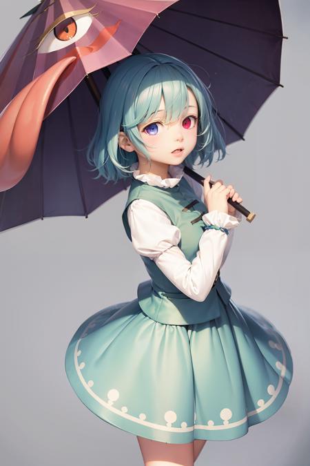 masterpiece, best quality, <lora:TataraKogasa:1>,1girl,tatara kogasa,heterochromia, blue hair,short hair,long sleeves, blue skirt,grey background, karakasa obake,umbrella, red eye