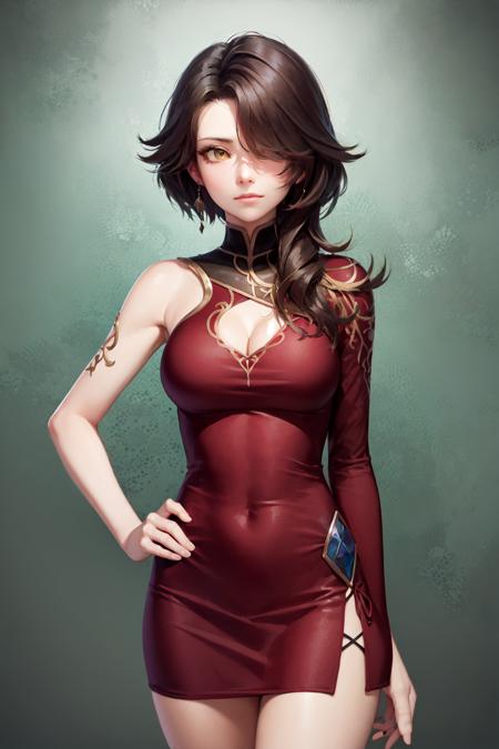 (masterpiece, best quality:1.2), <lora:rwby_cinder-10:1.0>, cowboy shot, solo, 1girl, cinder fall, expressionless, hand on hip, short black hair, hair over one eye, red china dress, cleavage cutout