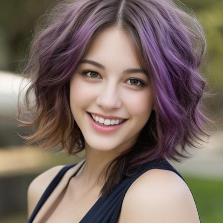 A cute beautiful young woman with colorful hair smiles playfully at the viewer