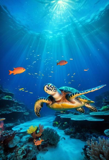 A bioluminescent coral reef teeming with life, bathed in the soft glow of underwater sunlight. Colorful fish dart through the water, while a giant sea turtle glides gracefully past.
Style: Underwater, vibrant, natural, colorful, mesmerizing
Additional parameters: High depth of field, focus on details, extremely detailed, incredibly high quality, photorealistic, award winning, tack sharp, sharp focus