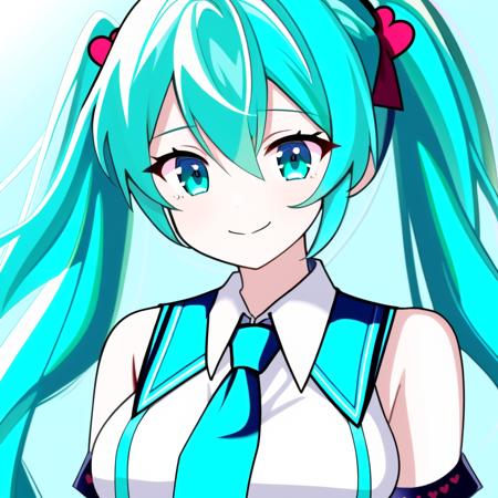 face focus, cute, masterpiece, best quality, 1girl, solo, twintails, necktie, long hair, upper body, shirt, smile, white shirt, sleeveless, looking at viewer, sleeveless shirt, heart, aqua hair, aqua eyes, breasts, closed mouth, bangs, 39, collared shirt, blue necktie, hair between eyes, aqua necktie