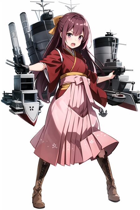 masterpiece, best quality, <lora:kamikazeV2:0.8>,
1girl, long hair, solo, pink hakama, japanese clothes, skirt, hakama, pink hair, meiji schoolgirl uniform, hakama skirt, kimono, boots, machinery, pink eyes, lace-up boots, cross-laced footwear, white background, bow, open mouth, hair bow, simple background, turret, anchor, tasuki, cannon, weapon, red kimono