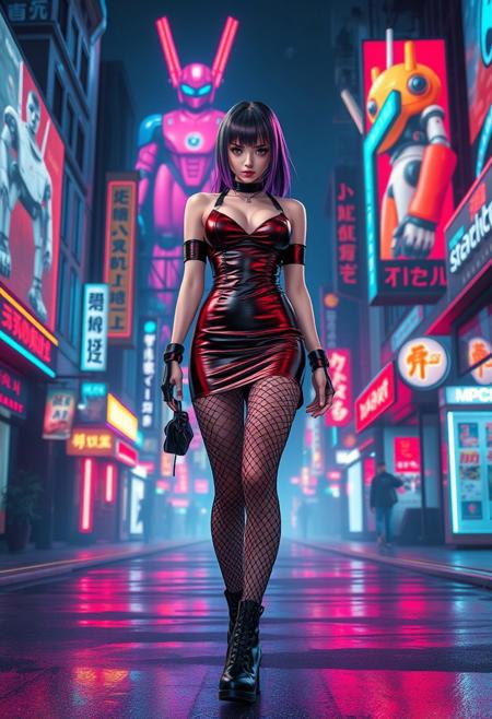 cyberpunk anime style, sci-fi female goth girl in tight  short leader dress, very shiny  pantyhose and a layer of fishnet pantyhose , walking with confidence  on a cyberpunk street, with neon signs and large adverts featuring robots, red and blue colour theme