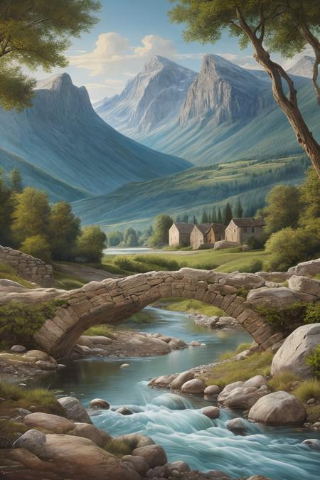 river with short stone 1bridge , mountains on the background, detailed, magical atmosphere, matte painting, <lora:add_detail:0.75>, (best quality, masterpiece:1.1), calm colors