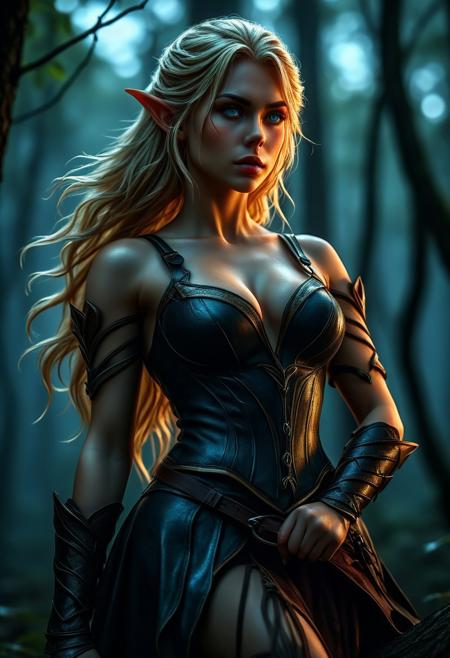 High resolution of ultra-realistic Beautiful Elven Archer girl, ultra-realistic body, perfect athletic body, Attractive Elf girl, artgem, WLOP, sitting spread-legged on a stump in a dark forest, beautiful Sadie Sink as Elf Archer girl, night of the full moon, realistic elven leather armour, defiant and seductive, covered in dirty and blood, cinematic colors Lighting, extremely detailed, 8K, wavy blonde hair, realistic dirty pale face, realistic blue eyes, beautiful Elf girl on in dark fantasy cool outfit, hyper-detailed, hyper-realistic, Attractive 21 old years Elf woman, Attractive, beautiful firm Breasts, wet and sweaty skin, Dark fantasy style, Dark fantasy atmosphere, sharp focus, digital painting, Photograph Taken on Nikon D750, Alphonse Mucha, 8K, athletic figure, Hyperdetailed, hyperrealism, attractive woman, beautiful woman of athletic body, Attractive bust girl, asymmetric balance