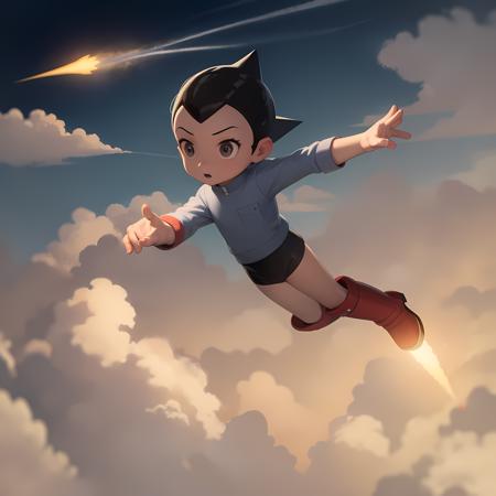 ((masterpiece, best quality)),(complex light),solo,solo focus,1boy,astro boy, <lora:AstroBoy1-10:0.6>,red boots, sky, cloud, clenched hands, flying, Rocket boots