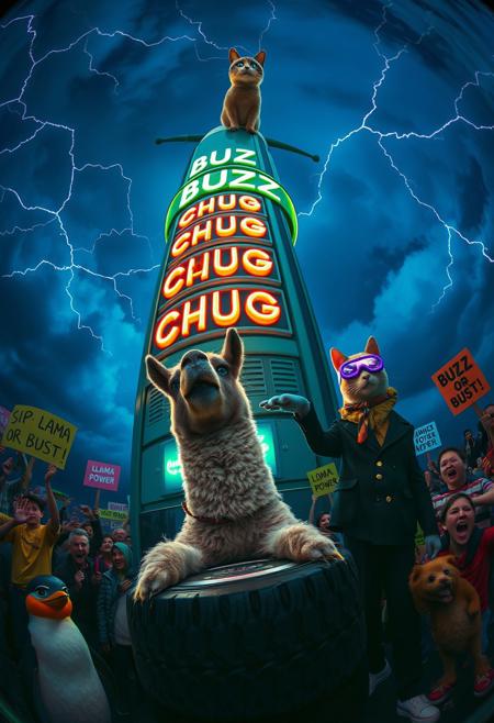 Captured with a cinema-grade 12mm fisheye lens, the surreal scene unfolds around the towering “BUZZ MONOLITH”, curving into the clouds. Its neon buttons—“SIP,” “CHUG,” and “OVERLOAD”—bulge outward, glowing intensely as crackling lightning arcs illuminate the moody dusk sky. The lens’s distortion emphasizes the machine’s absurd, larger-than-life scale.
At its base, a llama with sweat-matted fur struggles to push a tractor-tire-sized coin toward the oversized slot. Its determined expression, bulging eyes, and trembling legs are captured in vivid detail. Around it, a chaotic crowd of humans and anthropomorphic animals cheer wildly, their signs—“LLAMA POWER!” and “BUZZ OR BUST!”—warping with the lens’s curvature. Nearby, a penguin DJ spins on a metallic turntable, neon lights reflecting off its glossy surface.
Above, a sly tabby cat in a cyberpunk trench coat and glowing VR goggles scales the monolith, a grappling hook in tow. Its neon-lit goggles glow sharply as it approaches the flickering sign “FEED ME YOUR BUZZ,” warped into an ominous curve by the lens.
The fisheye’s distortion adds drama, exaggerating the scale of the machine and the chaos of the crowd. From the rain-slicked ground to the vibrant neon reflections, every detail pops in this cinematic snapshot of determination and mischief.
