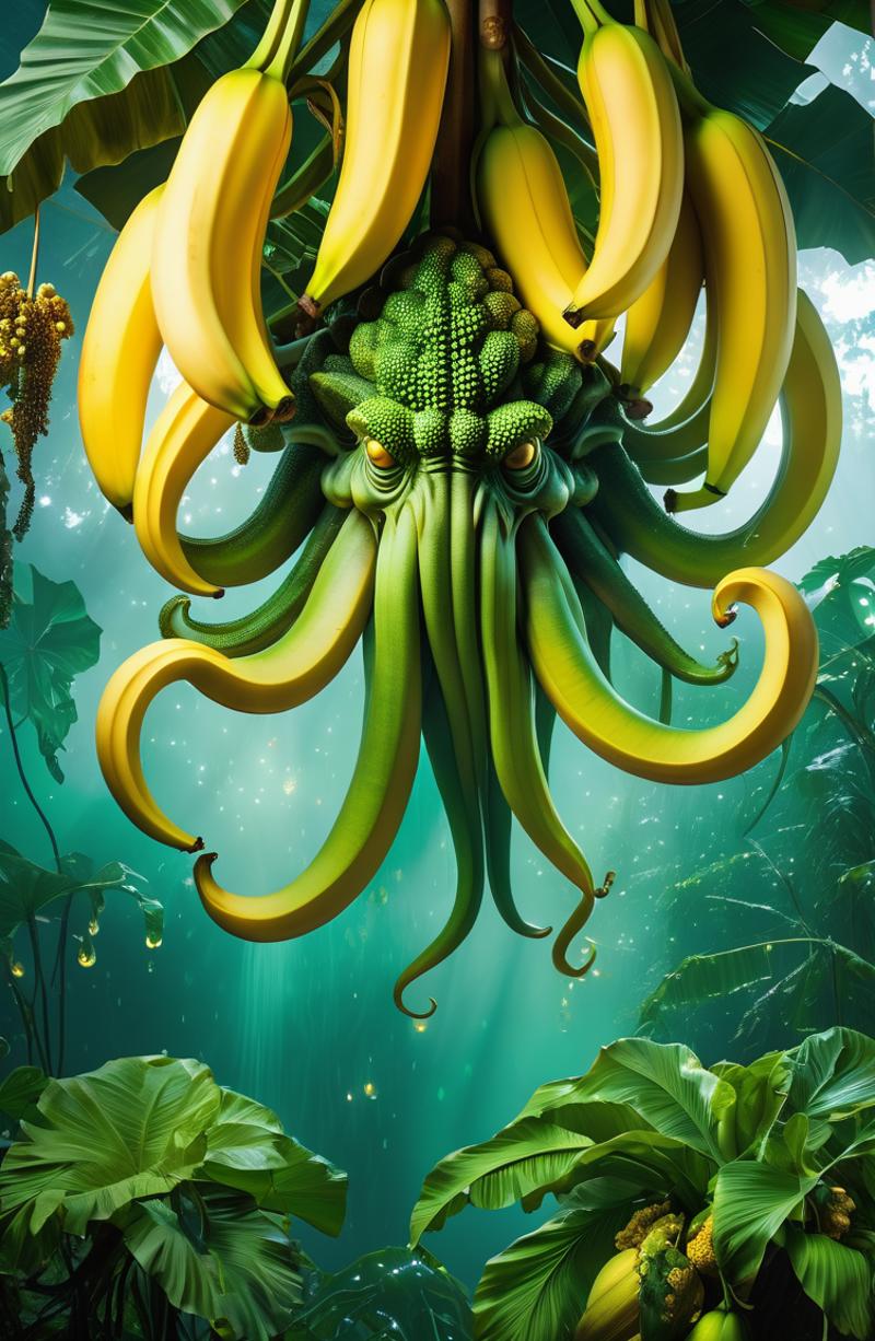A 3D artwork of an octopus made out of bananas with green and brown tones. The bananas are arranged in various shapes and sizes, resembling the tentacles of the octopus. The artwork is set in a lush green environment, with a vibrant color palette that highlights the imaginative and creative aspect of the piece.