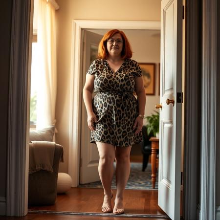 full body shot chubby woman forty years old 5'7" red shoulder length hair glasses animal print mini dress, gold sandals 
opening front door external view livingroom visible behind her