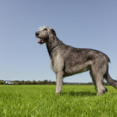 Photo of Irish_wolfhound, dog in an Irish farm field <lora:IWolf:1>