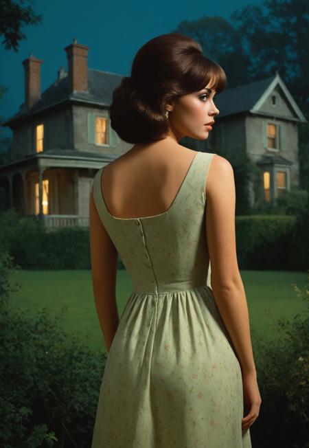 Vintage paperback cover art featuring a woman in a 1960s-style dress, looking back in fear in front of a dark, overgrown mansion. Moody, painterly strokes with rich, muted colors. Gothic romance vibe with mystery and suspense, capturing the eerie atmosphere of the novel’s tagline ‘Who was trying to enslave her body and destroy her mind?