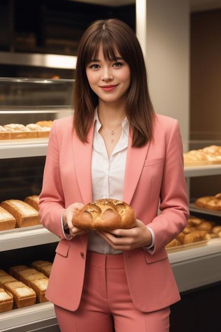photo realistic, masterpiece, best quality, studio lighting, solo, jmc <lora:jennettemccurdyV01:1>, <lora:polyhedron_skinny_all:.3>, pink suit, holding a ((bread,puff)) (Urn) with ((two hands)) , light smiling ,  blonde highlights with bangs , bakery background,(looking at viewer, realistic eye and face details),film grain:1.5, Kodak Max 400 Film), (nsfw:1.2)