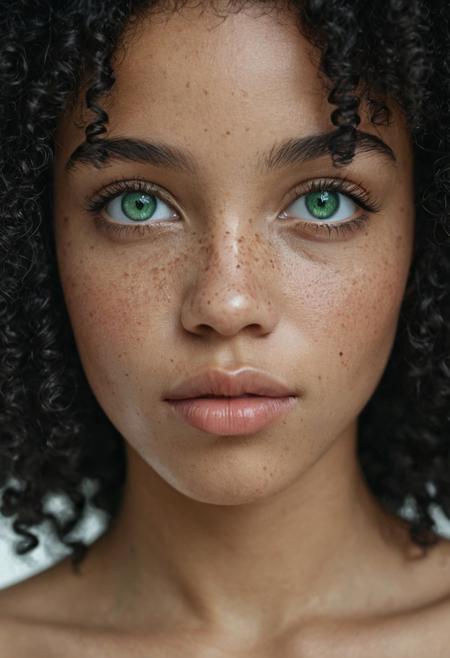 Close-up portrait of a stunning young woman of mixed race, with large emerald green eyes, voluminous natural black curly Afro hair, soft freckles, sensual full lips and smooth, flawless skin. Photo model quality. She looks directly at the camera with a calm, confident expression, neutral pose. Natural light, shallow depth of field, dreamy cinematic atmosphere, hyper-realistic details, soft background, sharp facial features, professional beauty photography style.