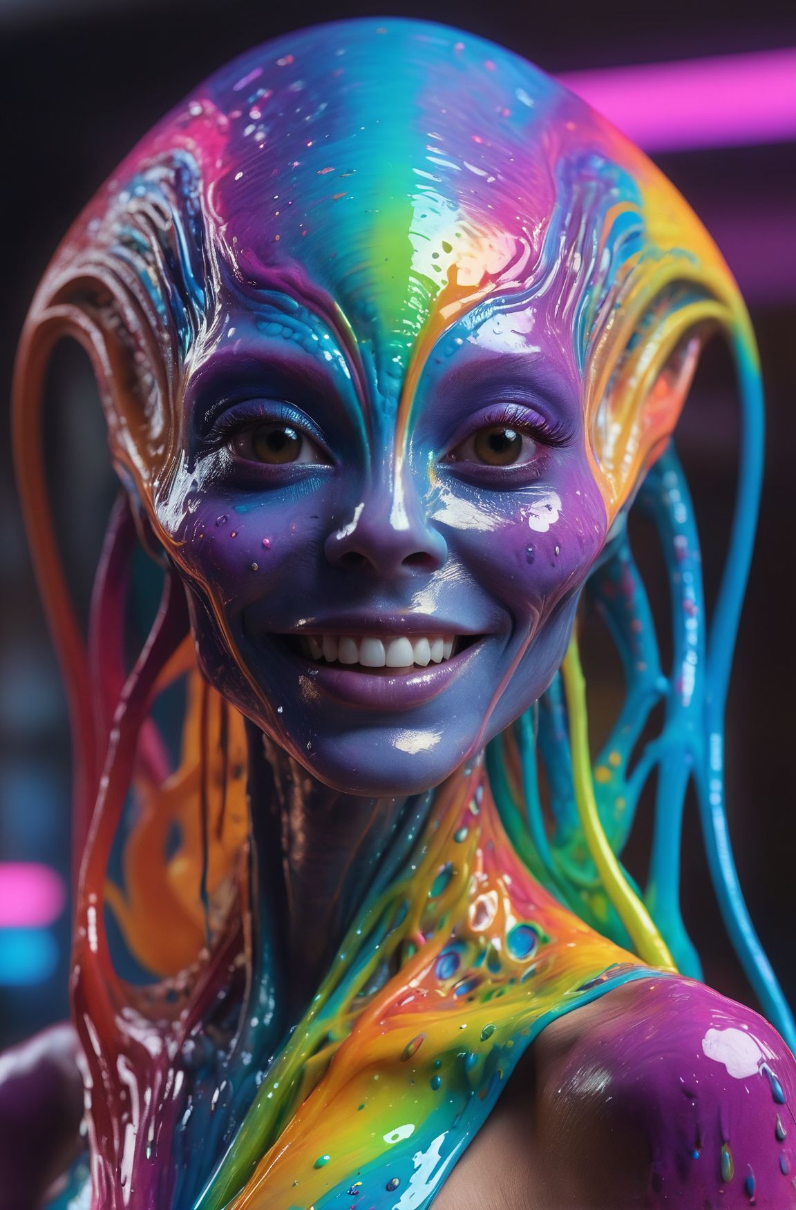 impossibly beautiful portrait of alien shapeshifter entity, insane smile, intricate complexity, surreal horror, inverted n...