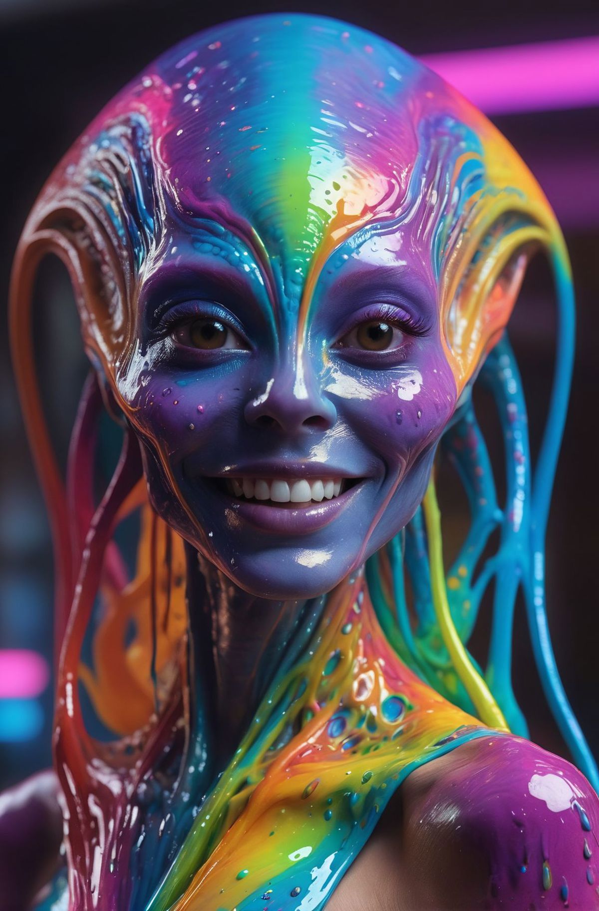 A smiling, multi-colored alien sculpture with purple and green skin.